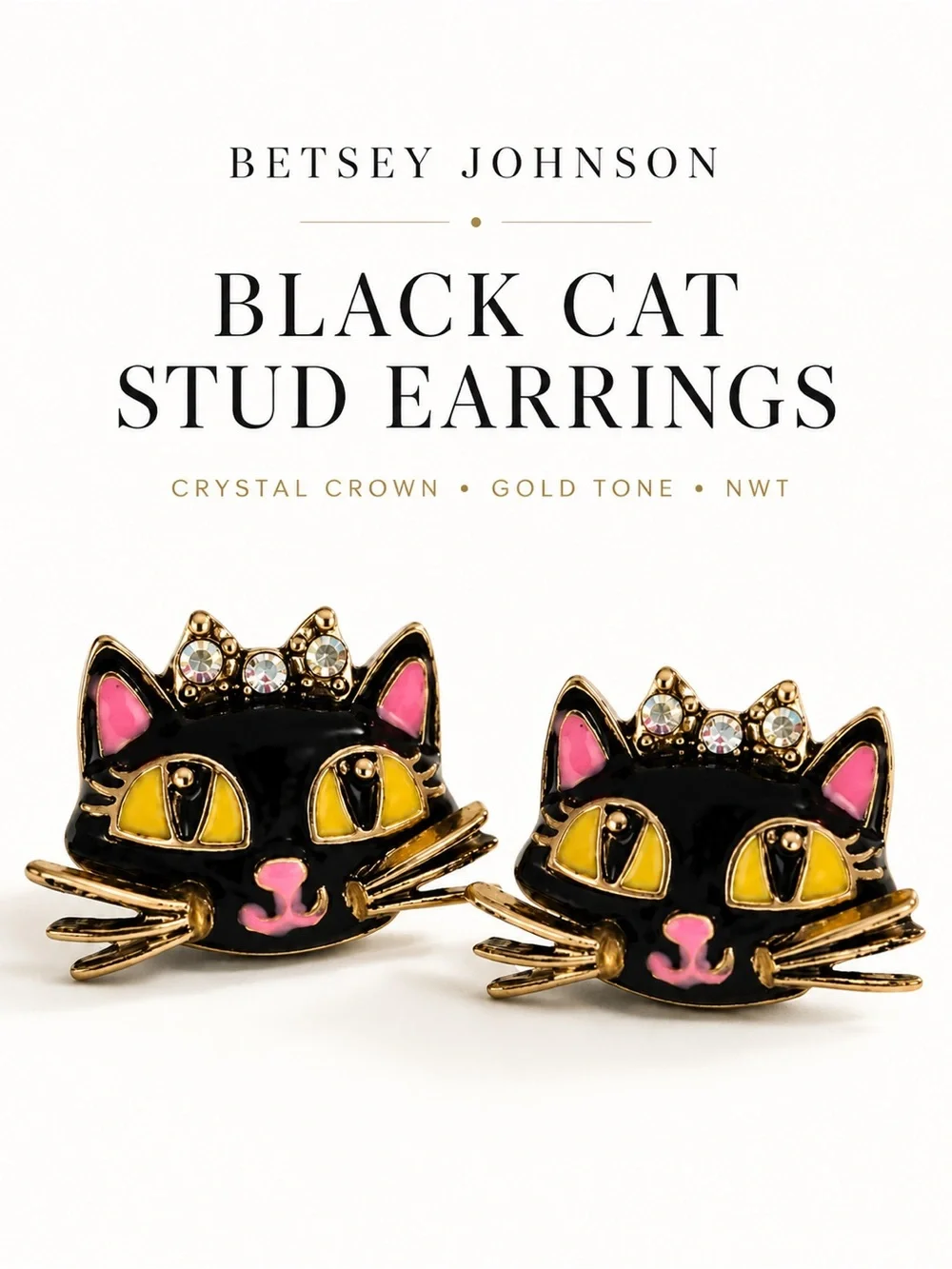 Betsey Johnson Black Cat Crystal Crown Stud Earrings NWT Gold Tone